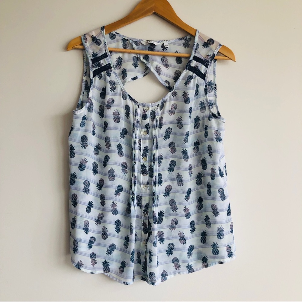 Sheer Blue Pineapple Keyhole Back Top